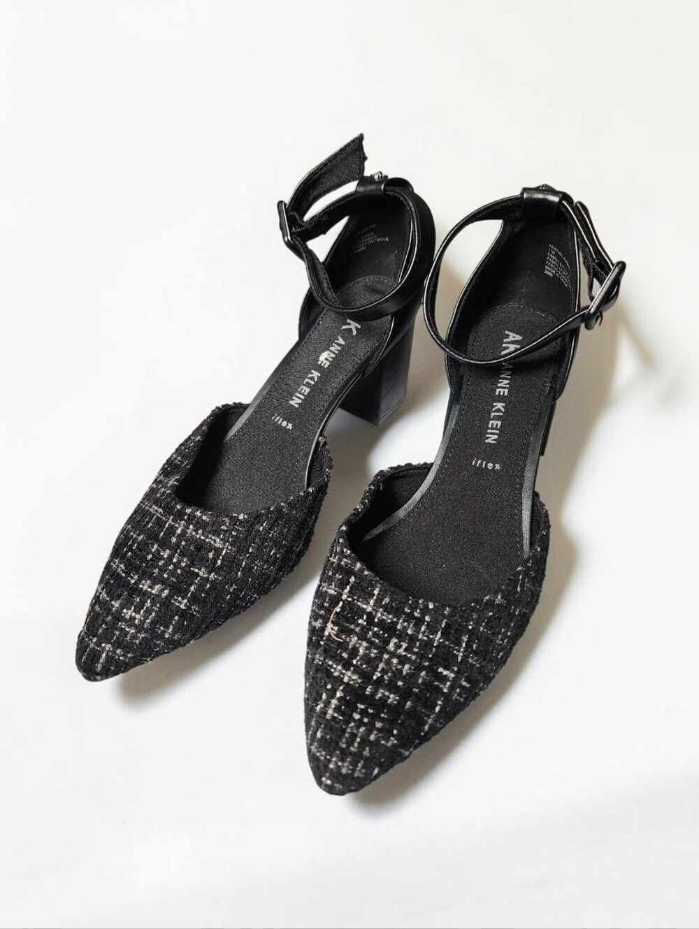 Anne Klein Black Tweed Pointed-Toe Ankle-Strap Heels